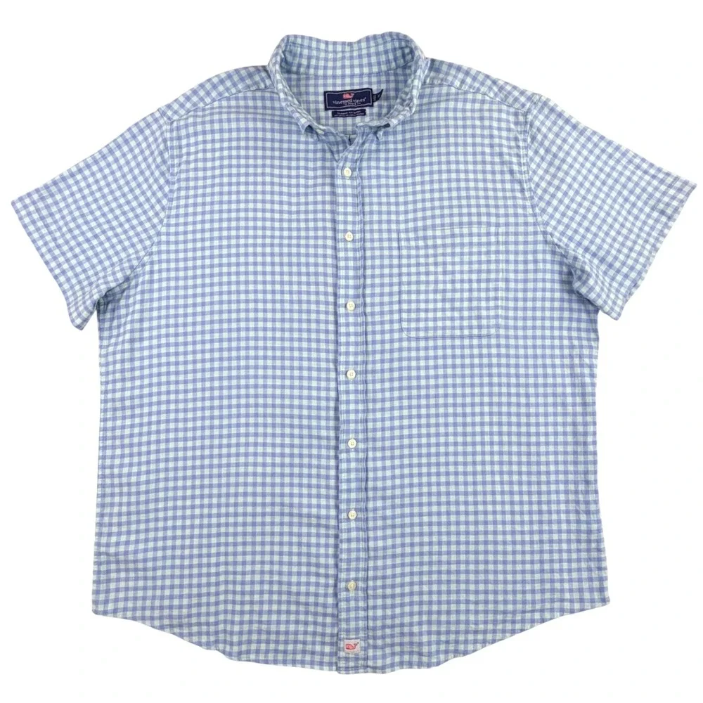 Vineyard Vines Classic Shirt Men XB Blue‎ Mint Gingham Linen Blend Short Sleeve